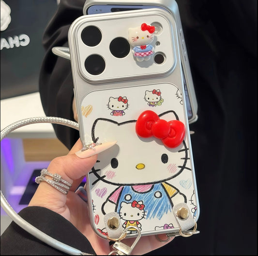 3D Bow Kitty Phone Case with Wrist Lanyard, Anti-Fall Soft Silicone Cover, Cute Cartoon Sanrio Case for iPhone