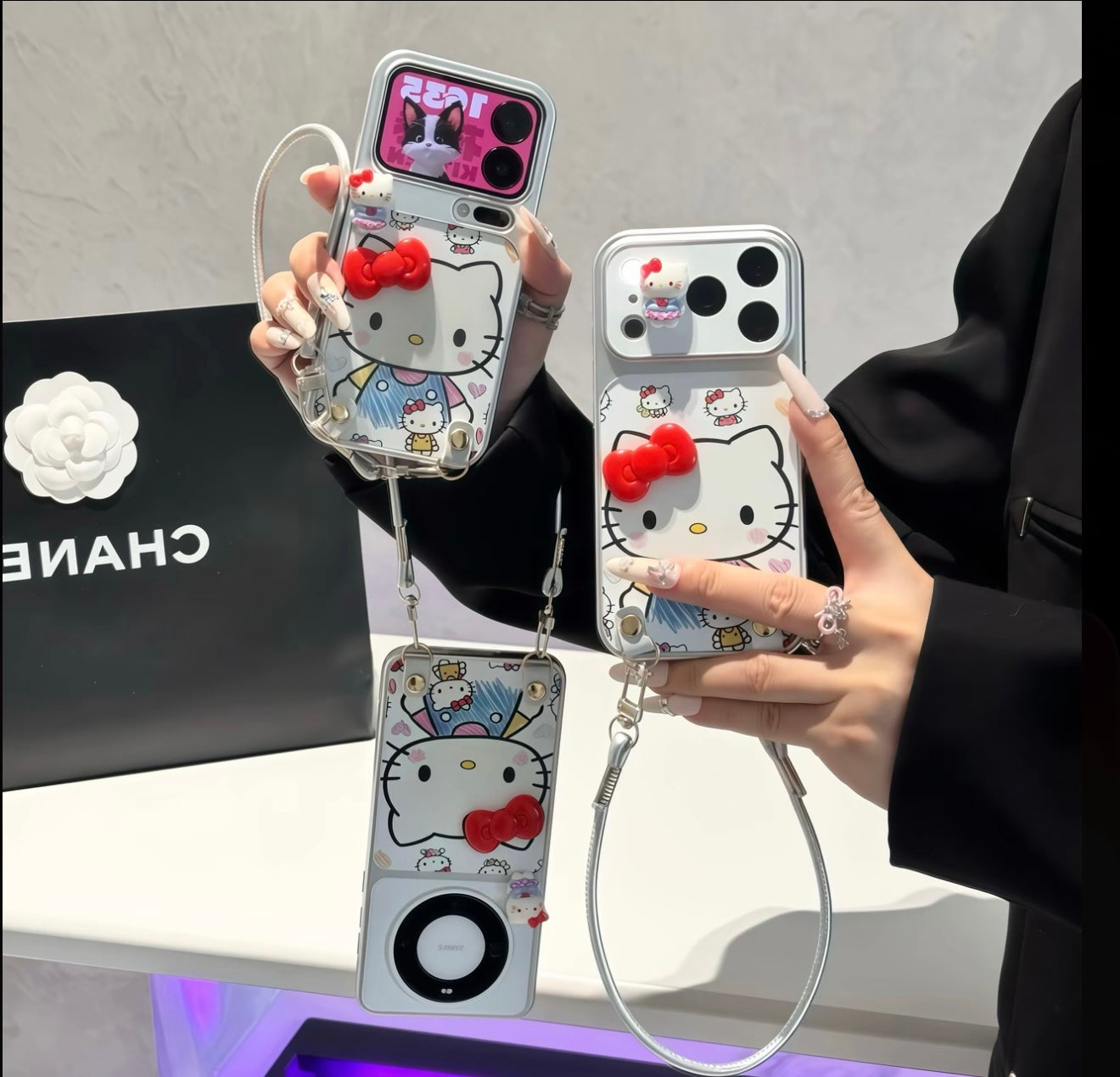 Funda de teléfono 3D Bow Kitty con cordón de muñeca, cubierta de silicona suave anticaída, bonita funda de dibujos animados Sanrio para iPhone