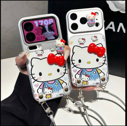 Funda de teléfono 3D Bow Kitty con cordón de muñeca, cubierta de silicona suave anticaída, bonita funda de dibujos animados Sanrio para iPhone