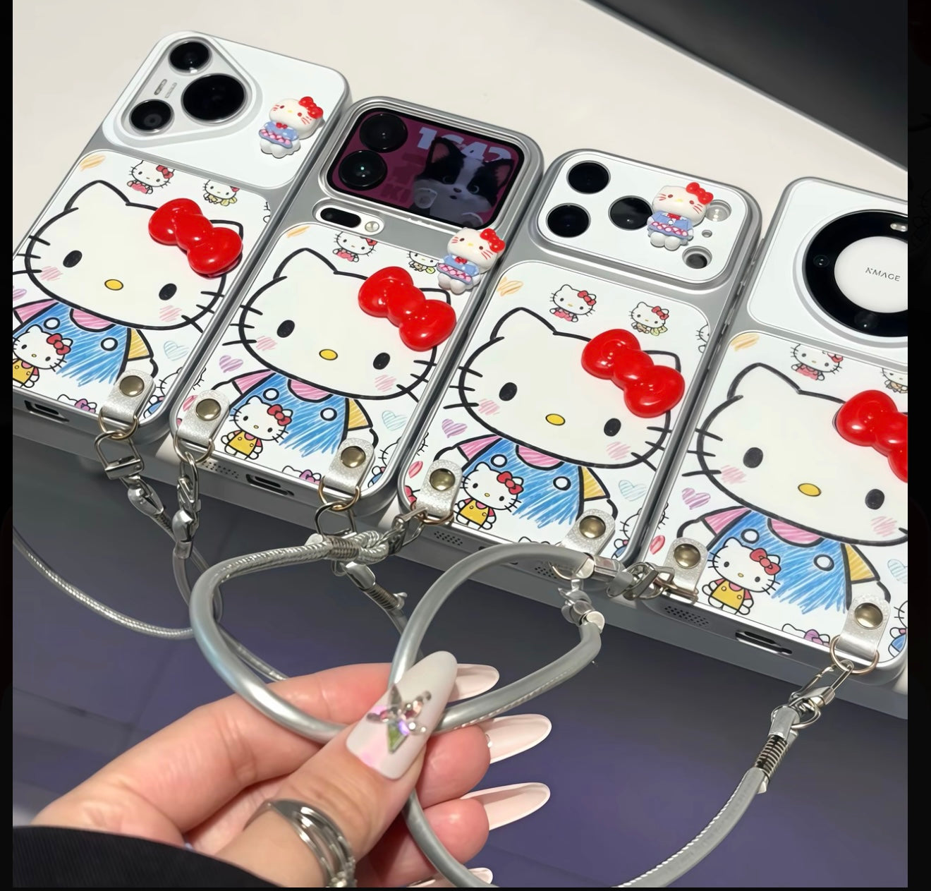 Funda de teléfono 3D Bow Kitty con cordón de muñeca, cubierta de silicona suave anticaída, bonita funda de dibujos animados Sanrio para iPhone