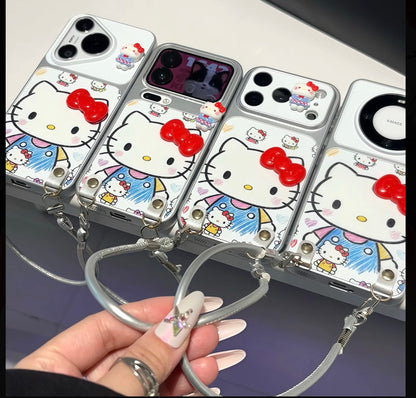 Funda de teléfono 3D Bow Kitty con cordón de muñeca, cubierta de silicona suave anticaída, bonita funda de dibujos animados Sanrio para iPhone