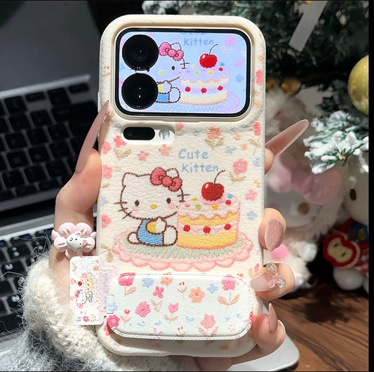 Linda funda de teléfono floral de Hello Kitty con soporte de espejo plegable - Cubierta protectora a prueba de golpes para iPhone