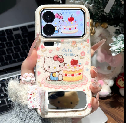Cute Hello Kitty Floral Phone Case with Foldable Mirror Kickstand - Shockproof Protective Cover for iPhone