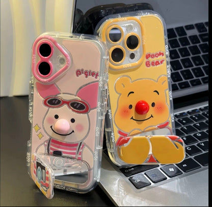 Cute Pooh Bear Pig Phone Case with Multi-Angle Mirror Stand, Clear Anti-Scratch Cover for iPhone