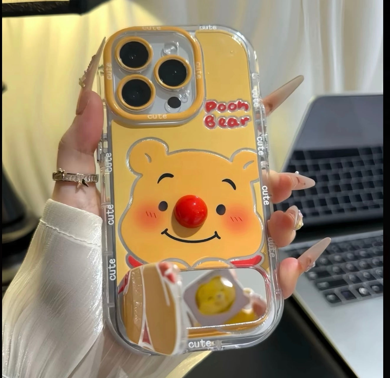 Cute Pooh Bear Pig Phone Case with Multi-Angle Mirror Stand, Clear Anti-Scratch Cover for iPhone