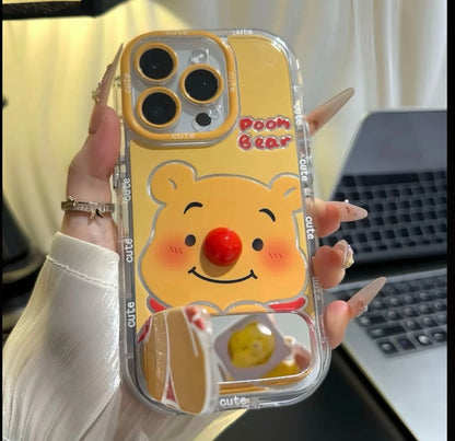 Cute Pooh Bear Pig Phone Case with Multi-Angle Mirror Stand, Clear Anti-Scratch Cover for iPhone