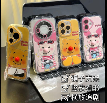 Cute Pooh Bear Pig Phone Case with Multi-Angle Mirror Stand, Clear Anti-Scratch Cover for iPhone