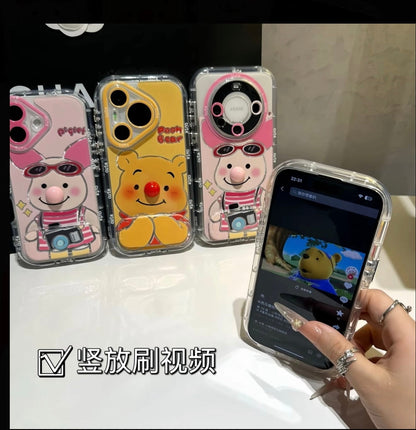 Cute Pooh Bear Pig Phone Case with Multi-Angle Mirror Stand, Clear Anti-Scratch Cover for iPhone
