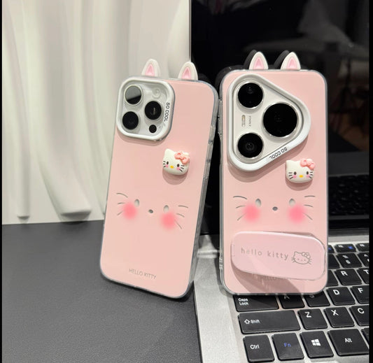 Cute  Kitty Phone Case with 3D Cat Ears & Foldable Bracket, Shockproof TPU Case for Girls