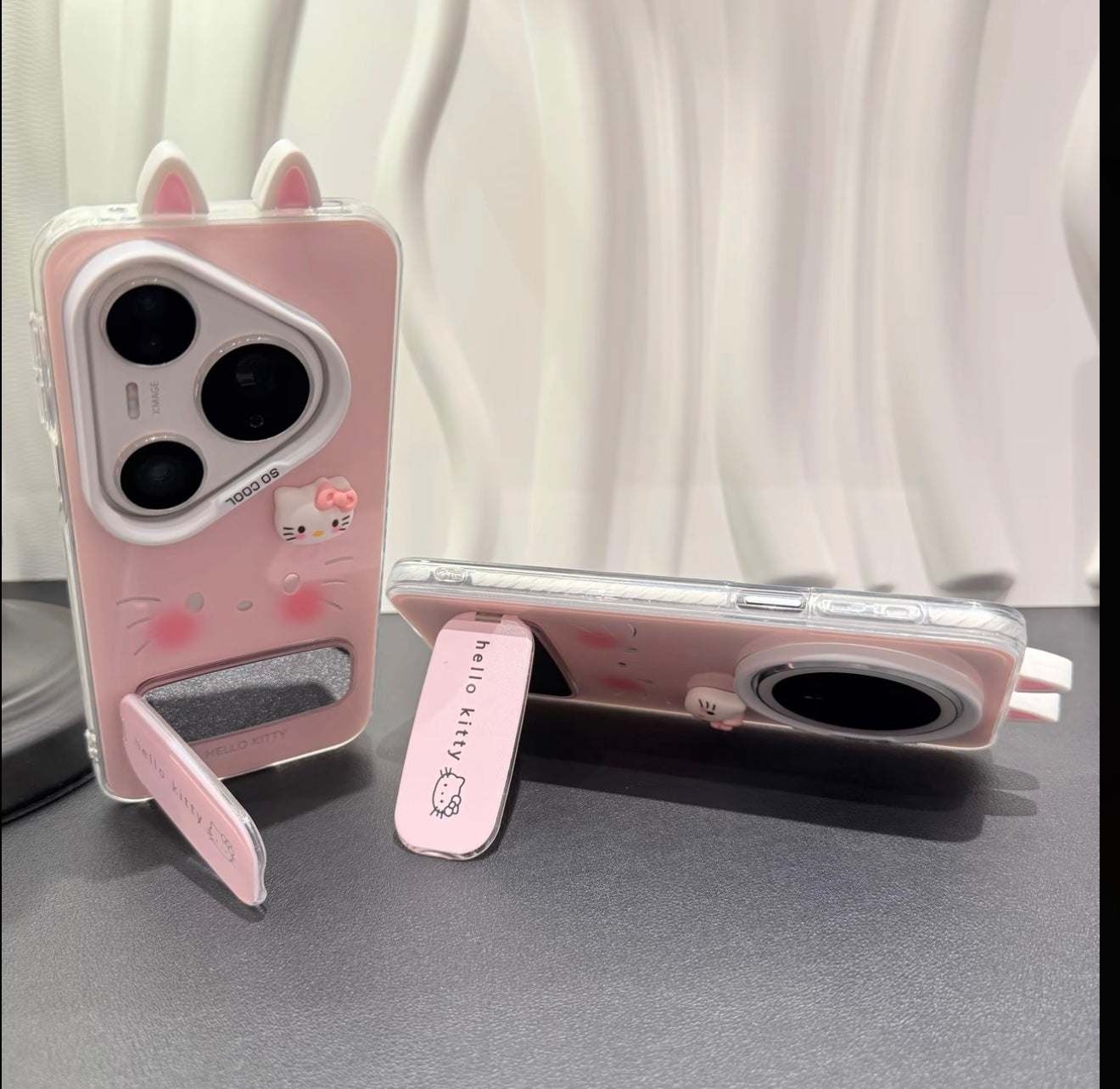 Cute  Kitty Phone Case with 3D Cat Ears & Foldable Bracket, Shockproof TPU Case for Girls