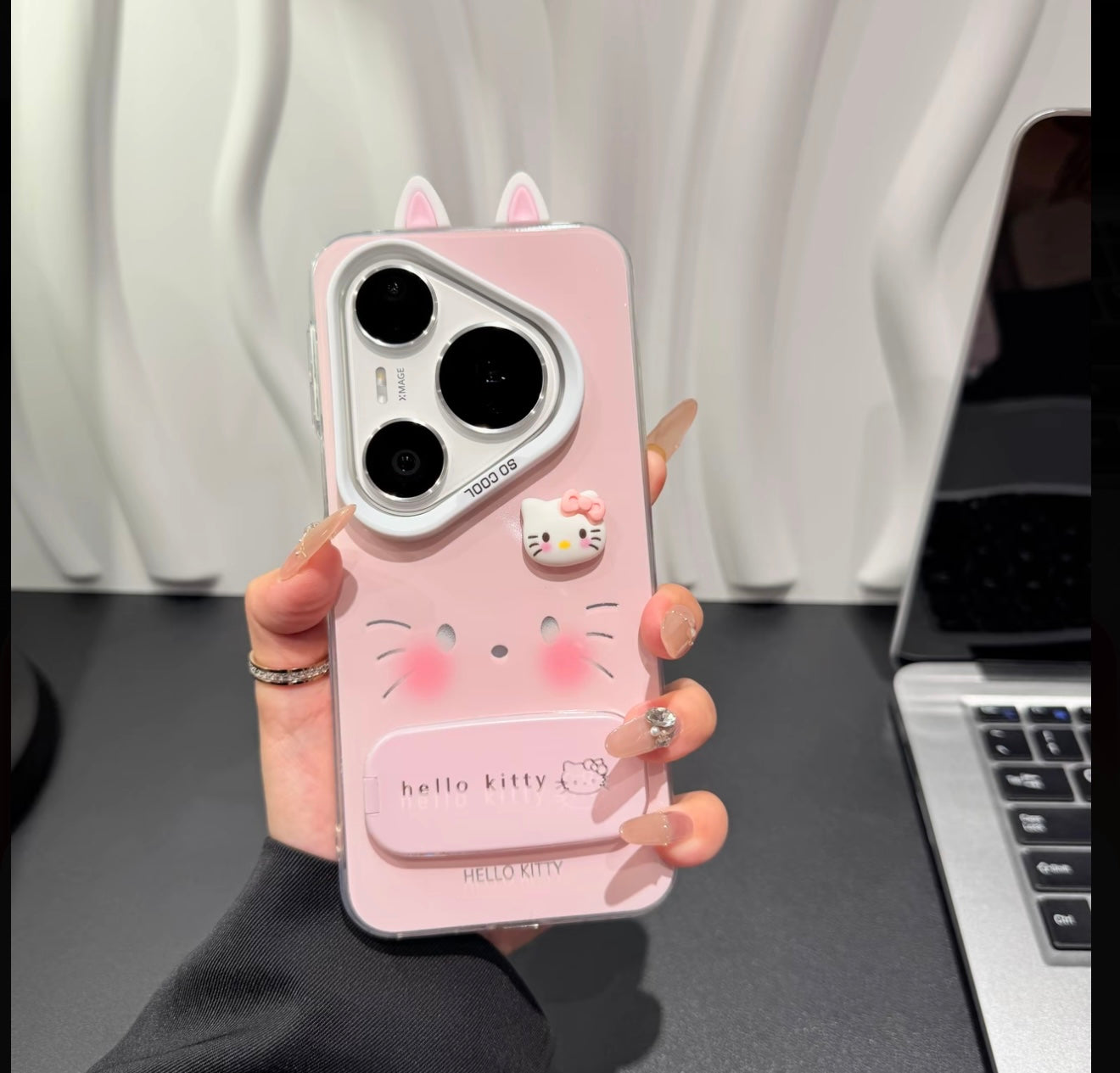 Cute  Kitty Phone Case with 3D Cat Ears & Foldable Bracket, Shockproof TPU Case for Girls