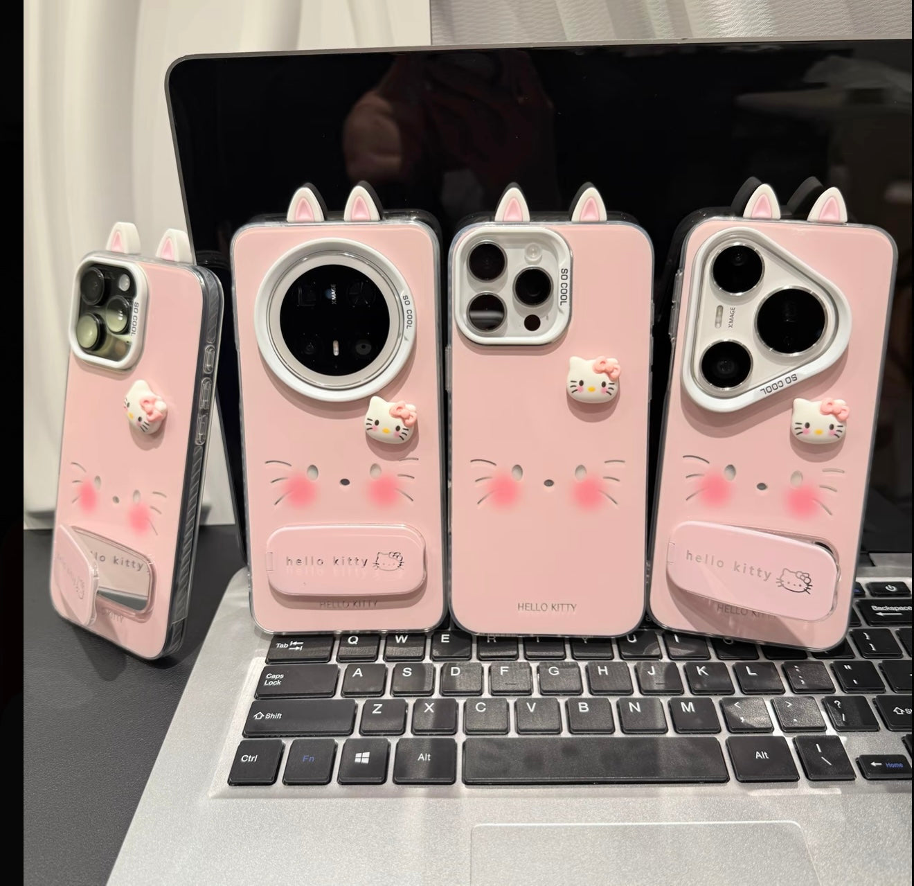 Cute  Kitty Phone Case with 3D Cat Ears & Foldable Bracket, Shockproof TPU Case for Girls