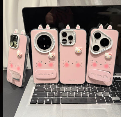 Cute  Kitty Phone Case with 3D Cat Ears & Foldable Bracket, Shockproof TPU Case for Girls