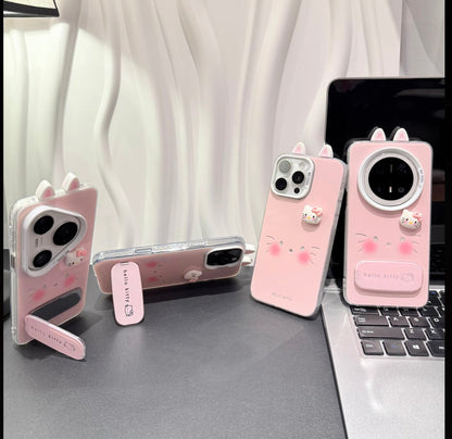 Cute  Kitty Phone Case with 3D Cat Ears & Foldable Bracket, Shockproof TPU Case for Girls