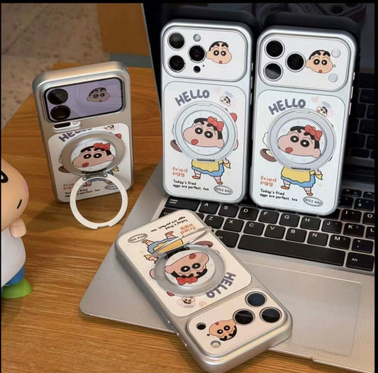 Bonita funda de teléfono de anime Shin-chan con espejo abatible y soporte de anillo, cubierta protectora Magsafe para iPhone