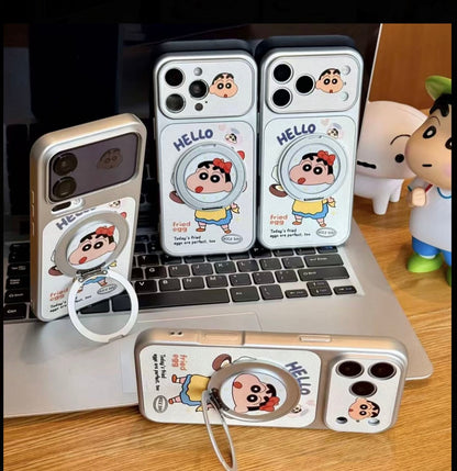 Cute Anime Shin-chan Phone Case with Flip Mirror & Ring Bracket, Magsafe Protective Cover for iPhone