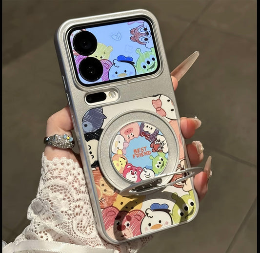 Bonita funda de teléfono con estampado de animales de dibujos animados Tsum Tsum con soporte de anillo giratorio de 360° magnético a prueba de golpes para iPhone