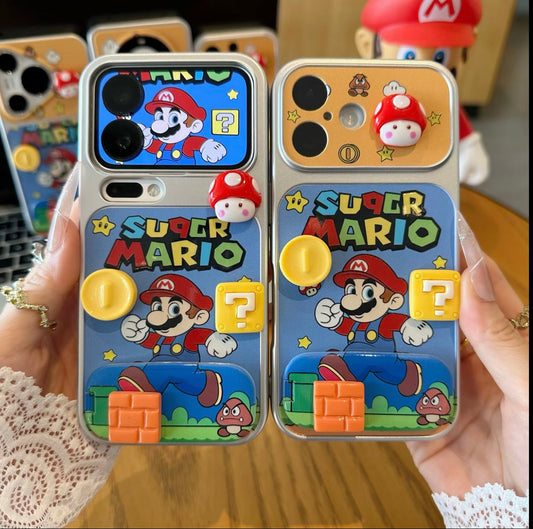 Funda de teléfono retro clásica de Super Mario de dibujos animados con adorno de champiñón estéreo 3D, soporte plegable ajustable para videojuegos y series