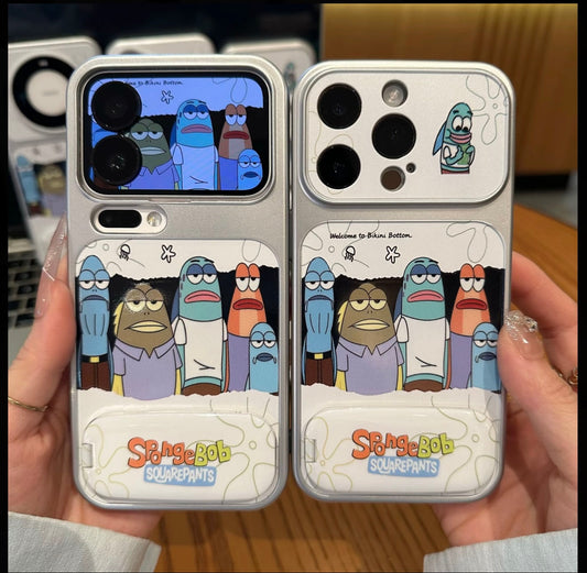 Funny  Background Fish Group Phone Case With Foldable Kickstand Makeup Mirror, Cartoon Anime Shockproof Phone Cover Compatible With All Smartphone Models
