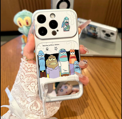 Funny  Background Fish Group Phone Case With Foldable Kickstand Makeup Mirror, Cartoon Anime Shockproof Phone Cover Compatible With All Smartphone Models