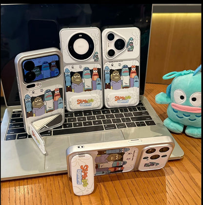 Funny  Background Fish Group Phone Case With Foldable Kickstand Makeup Mirror, Cartoon Anime Shockproof Phone Cover Compatible With All Smartphone Models