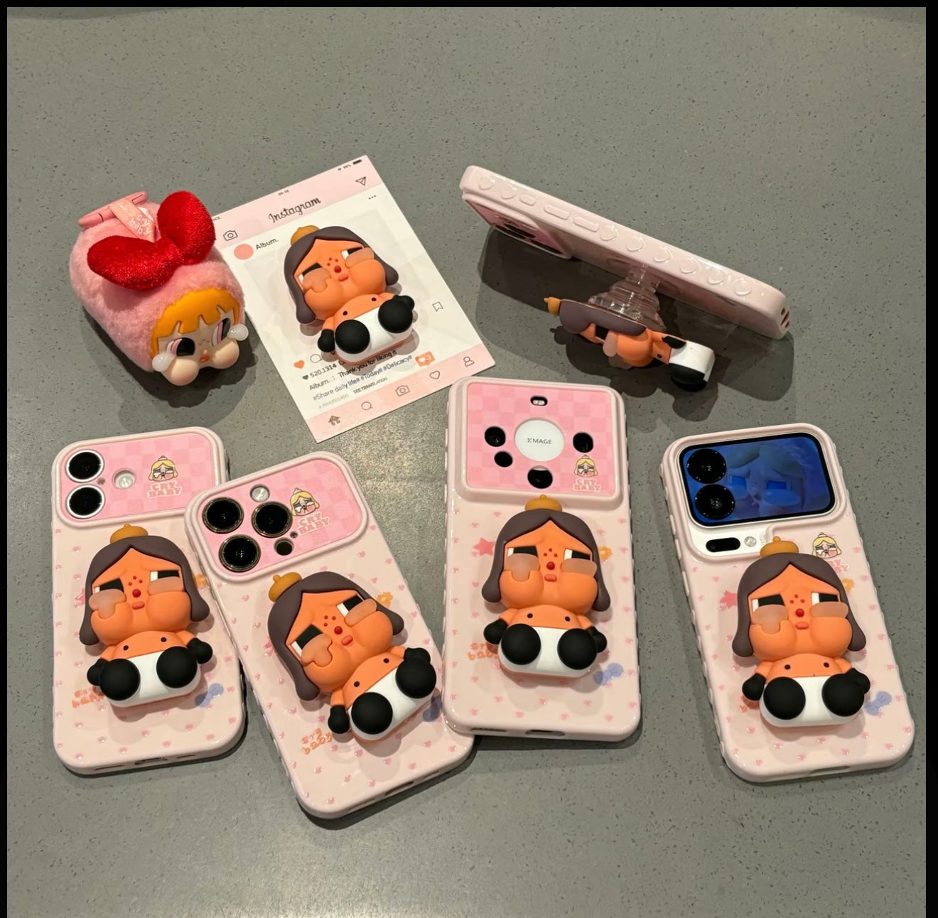Crybaby 3D Stereo Doll Stand Phone Case Pastel Heart Check Graffiti Shockproof Protective Cover For iPhone  Huawei Foldable Flip Phones