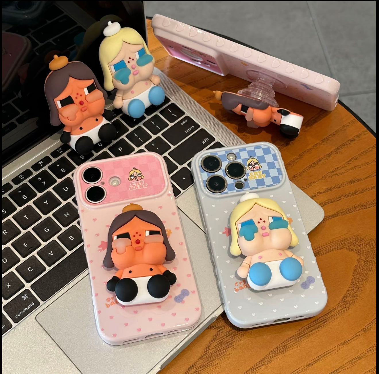 Crybaby 3D Stereo Doll Stand Phone Case Pastel Heart Check Graffiti Shockproof Protective Cover For iPhone  Huawei Foldable Flip Phones