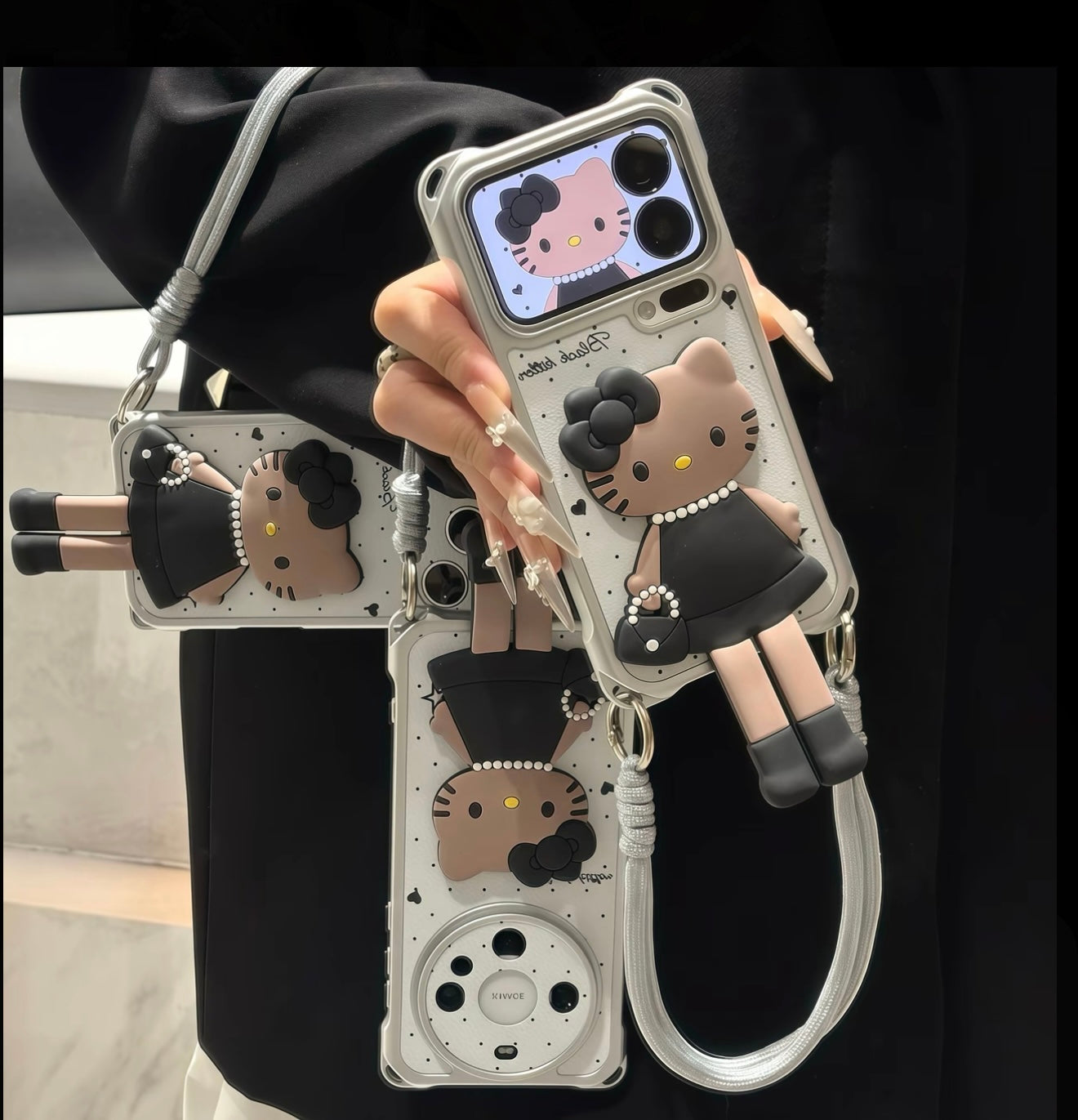 3D ブラック ハローキティ 折りたたみ式スタンド スマホケース, 水玉模様 ホワイト レザー調 カバー ハンドストラップ付き, かわいい漫画の子猫 ホルダー 保護ケース iPhone 全モデル対応