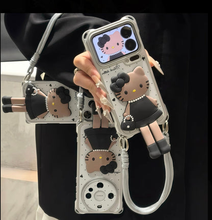 3D ブラック ハローキティ 折りたたみ式スタンド スマホケース, 水玉模様 ホワイト レザー調 カバー ハンドストラップ付き, かわいい漫画の子猫 ホルダー 保護ケース iPhone 全モデル対応