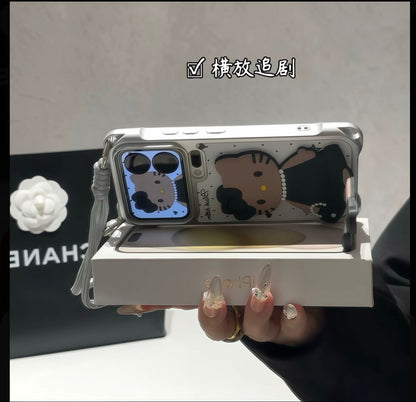 3D ブラック ハローキティ 折りたたみ式スタンド スマホケース, 水玉模様 ホワイト レザー調 カバー ハンドストラップ付き, かわいい漫画の子猫 ホルダー 保護ケース iPhone 全モデル対応