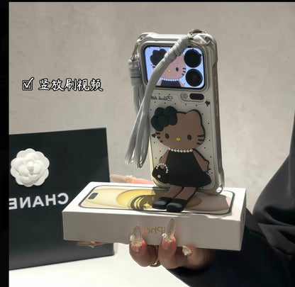 3D ブラック ハローキティ 折りたたみ式スタンド スマホケース, 水玉模様 ホワイト レザー調 カバー ハンドストラップ付き, かわいい漫画の子猫 ホルダー 保護ケース iPhone 全モデル対応