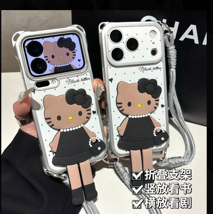 3D ブラック ハローキティ 折りたたみ式スタンド スマホケース, 水玉模様 ホワイト レザー調 カバー ハンドストラップ付き, かわいい漫画の子猫 ホルダー 保護ケース iPhone 全モデル対応