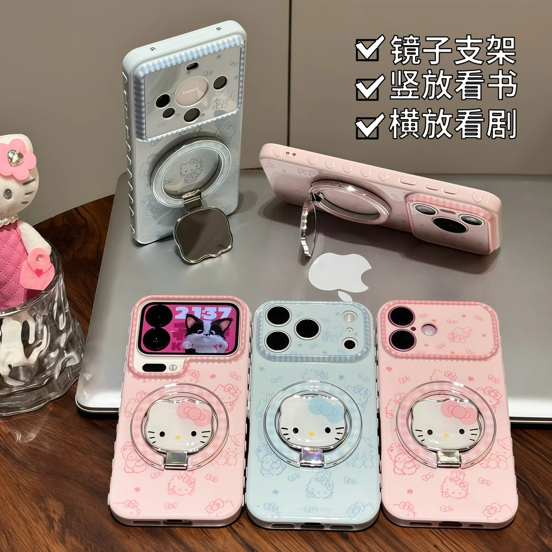 Pink Blue  Kitty Foldable Stand Phone Case, Lovely Cat Pattern Shockproof Soft Shell With Magnetic Bracket For All Phones