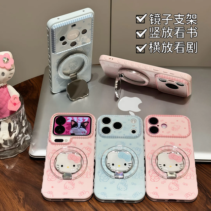 Pink Blue  Kitty Foldable Stand Phone Case, Lovely Cat Pattern Shockproof Soft Shell With Magnetic Bracket For All Phones