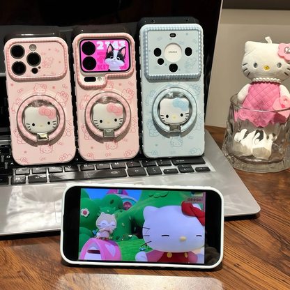 Pink Blue  Kitty Foldable Stand Phone Case, Lovely Cat Pattern Shockproof Soft Shell With Magnetic Bracket For All Phones