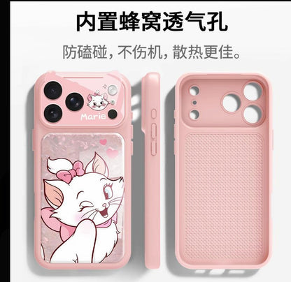 Funda de teléfono con purpurina rosa de gato Marie con guiño bonito | Malla de panal de abeja disipadora de calor transpirable anticolisión cubierta protectora de lente de cámara completa a prueba de golpes para iPhone