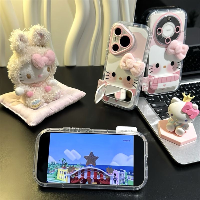 Kawaii 3D Fluffy Pink Bow Kitty Phone Case With Foldable Wrist Strap, Cute Cartoon Mirror Camera Lens Protective Clear Phone Cover For iPhone