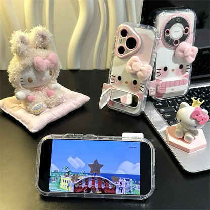 Kawaii 3D Fluffy Pink Bow Kitty Phone Case With Foldable Wrist Strap, Cute Cartoon Mirror Camera Lens Protective Clear Phone Cover For iPhone