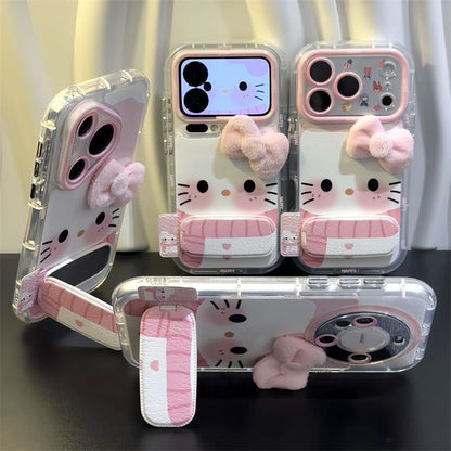Kawaii 3D Fluffy Pink Bow Kitty Phone Case With Foldable Wrist Strap, Cute Cartoon Mirror Camera Lens Protective Clear Phone Cover For iPhone