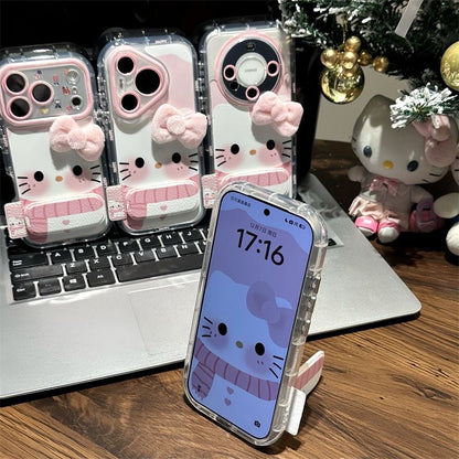 Kawaii 3D Fluffy Pink Bow Kitty Phone Case With Foldable Wrist Strap, Cute Cartoon Mirror Camera Lens Protective Clear Phone Cover For iPhone