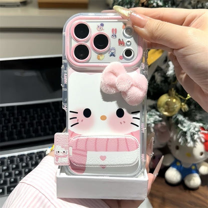 Kawaii 3D Fluffy Pink Bow Kitty Phone Case With Foldable Wrist Strap, Cute Cartoon Mirror Camera Lens Protective Clear Phone Cover For iPhone