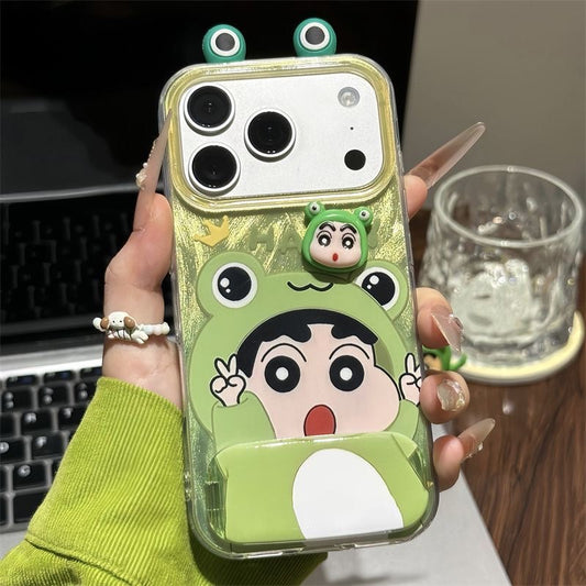 Bonita funda 3D de rana para teléfono de Crayon Shin-chan, cubierta de TPU anticaídas con textura de aceite degradado verde con marco de cámara de oreja de rana y mini figura de Shin-chan, compatible con iPhone