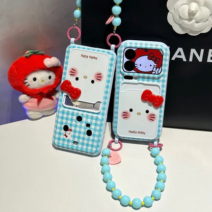 Kawaii Blue Plaid Hello Kitty Card Slot Phone Case, 3D Bow Decor With Detachable Beaded Wrist Chain Strap