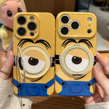 Cute Cartoon Minions Phone Case With 3D Rotatable Big Eye Ring Stand, Glossy Yellow Shockproof Protective Phone Cover For iPhone All Models