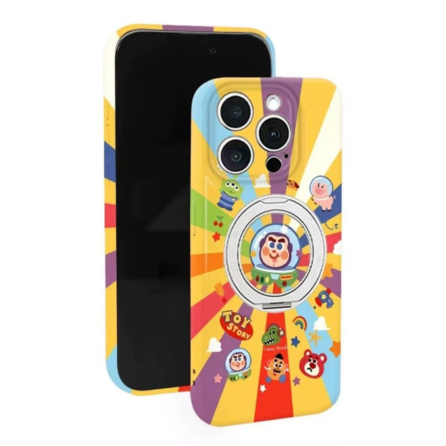 Rainbow Buzz Light Year Magsafe Phone Case with Kickstand, Cute Buzz Lightyear Alien Bear Cartoon Magnetic Case for iPhone 1