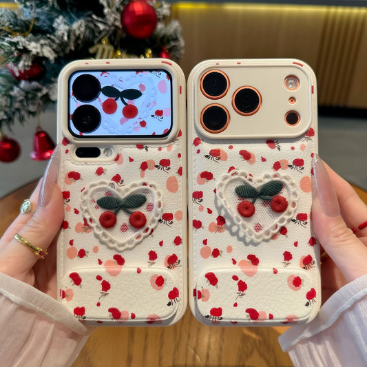 Cute 3D Cherry Floral Leather Phone Case With Foldable Kickstand, Shockproof Protective Cover For iPhone