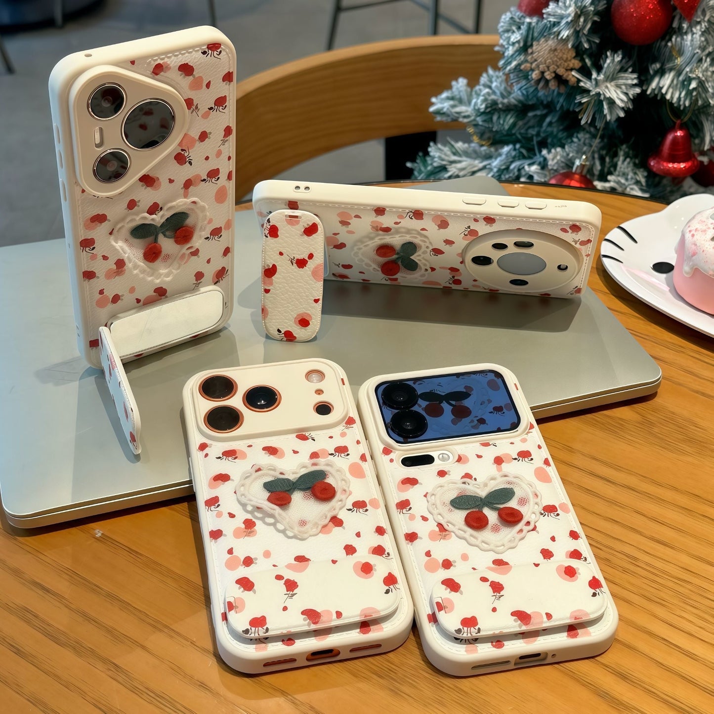 Cute 3D Cherry Floral Leather Phone Case With Foldable Kickstand, Shockproof Protective Cover For iPhone