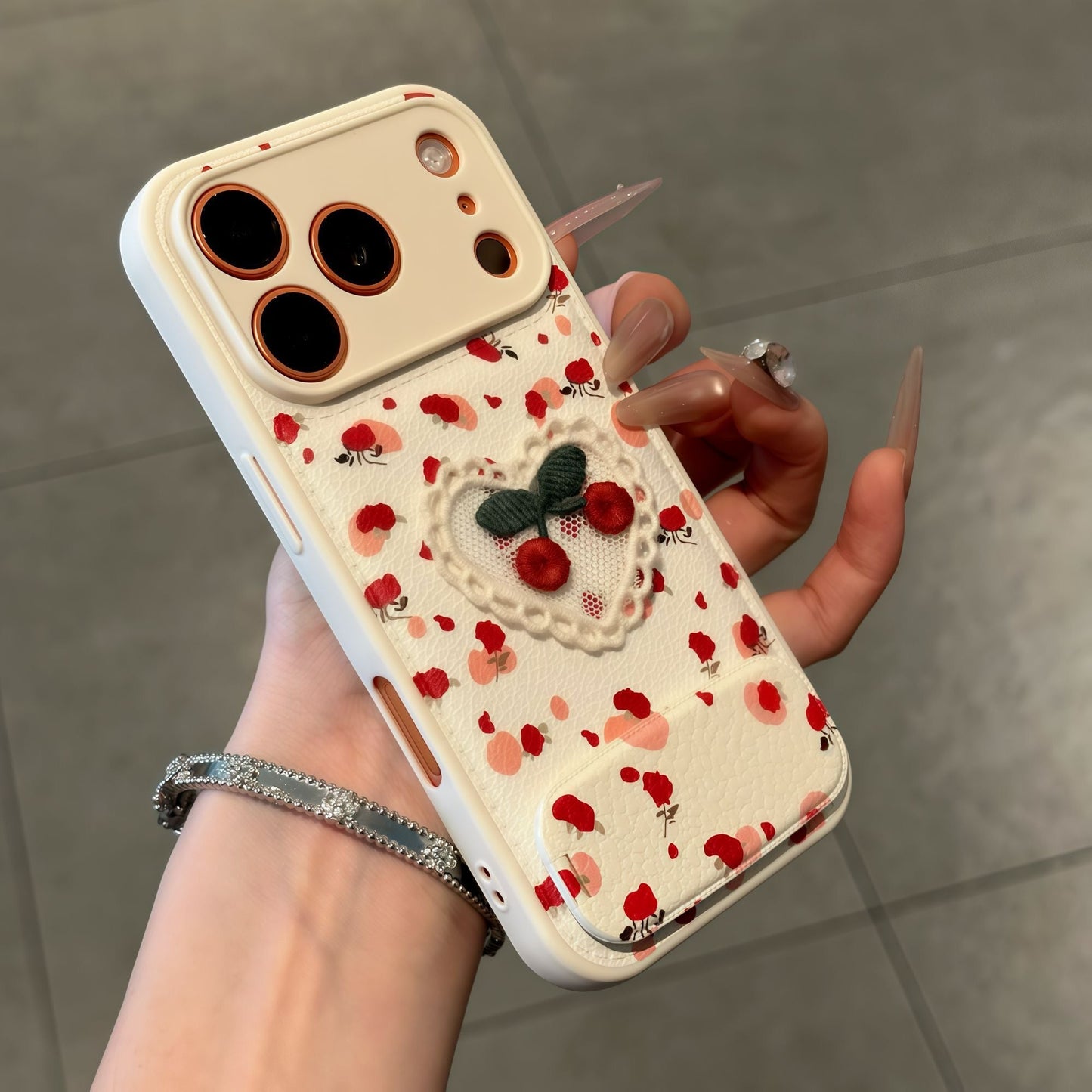 Cute 3D Cherry Floral Leather Phone Case With Foldable Kickstand, Shockproof Protective Cover For iPhone