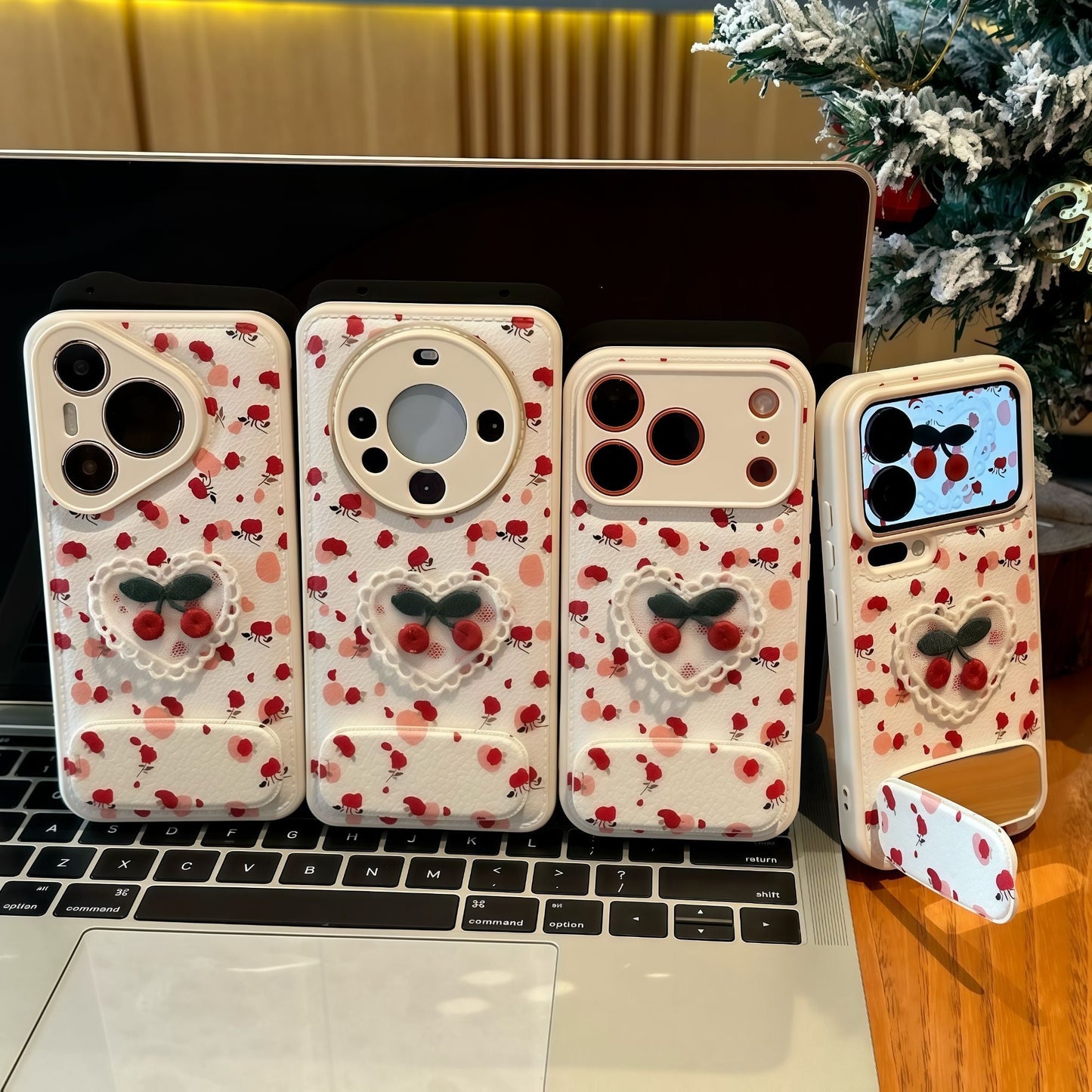 Cute 3D Cherry Floral Leather Phone Case With Foldable Kickstand, Shockproof Protective Cover For iPhone