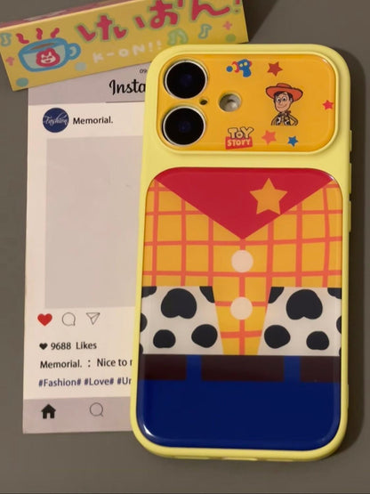 Color Block Toy Story Phone Case, Trendy Buzz & Woody Cartoon Lens Frame Anti-drop Shell For iPhone